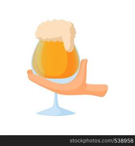 Hand holding wine goblet of beer icon in cartoon style on a white background. Hand holding wine goblet of beer icon