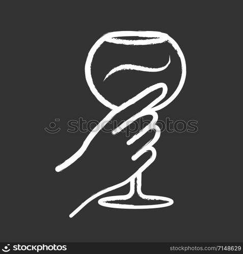 Hand holding wineglass chalk icon. Glassful of alcohol beverage. Wine service. Glassware. Celebration, party. Wedding. Tasting, degustation. Cheers. Isolated vector chalkboard illustration