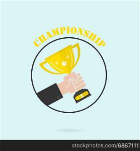 Hand holding winner&rsquo;s trophy award.Man holding up a gold trophy cup is winner in a competition background.Successful business concept.Flat vector Illustration