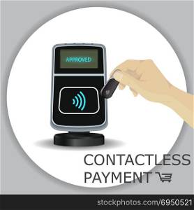 Hand holding wireless, contactless fob, keychain for payments through wifi pos terminals. Pay fob keychain key ring with tap-and-pay system. Pay transport, food, drinks, coffee. Vector