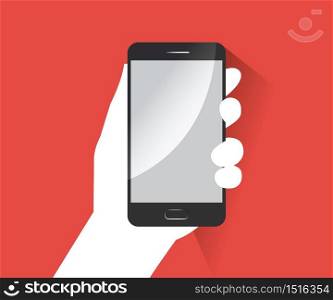Hand holding with mobile phone in flat design style, logo vector illustration