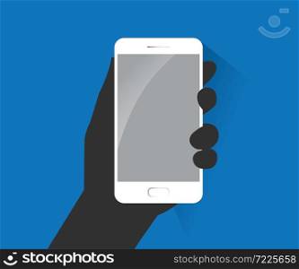 Hand holding with mobile phone in flat design style, logo vector illustration