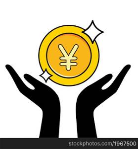 hand holding Yen gold coin. vector illustration
