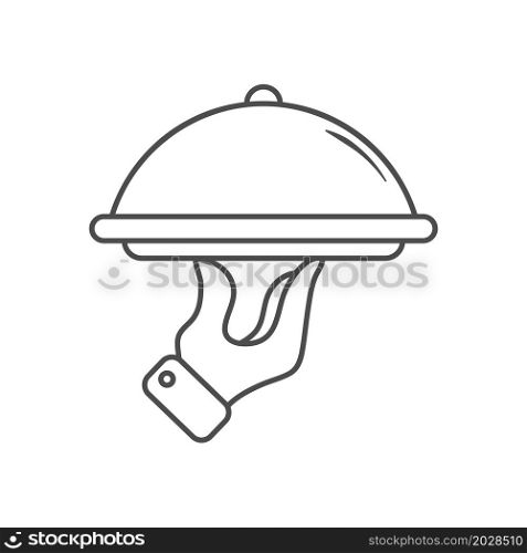 hand holds a cloche, a dish with a lid. Vector image for logo, emblem, stickers or stickers. Flat style.