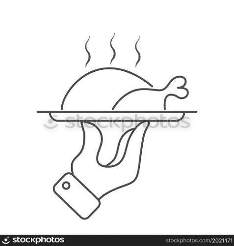 hand holds a dish of chicken. Vector image for logo, emblem, stickers or stickers. Flat style.