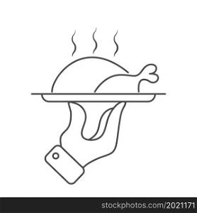 hand holds a dish of chicken. Vector image for logo, emblem, stickers or stickers. Flat style.