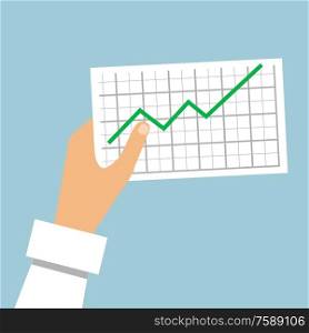 Hand holds a graph going up. Vector flat illustration.