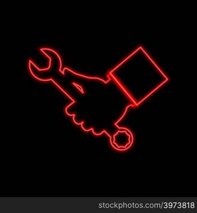 Hand holds a wrench, repair neon sign. Bright glowing symbol on a black background. Neon style icon.