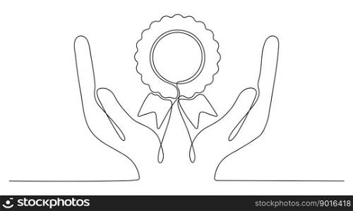 Hand holds award badge continuous one line drawing. Vector illustration isolated on white.. Hand holding award badge continuous one line drawing.