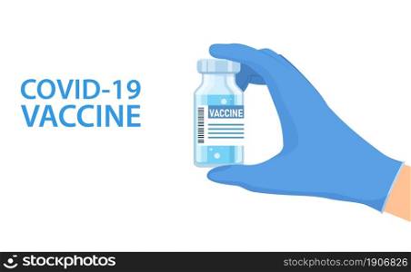 Hand holds bottle of vaccine. Coronavirus covid 19 vaccination concept. Injection syringe needles. Medical equipment. Healthcare, hospital and medical diagnostics. Vector illustration in a flat style. Hand in gloves holds bottle of vaccine.
