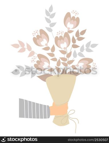 Hand holds bouquet of flowers and branches. Vector illustration. Isolated. For design, decoration, printing, decoration, postcards and cards, logos