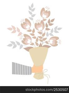 Hand holds bouquet of flowers and branches. Vector illustration. Isolated. For design, decoration, printing, decoration, postcards and cards, logos