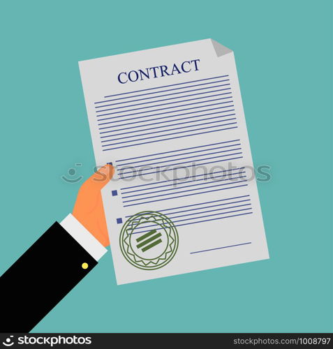 hand holds contract on blue background, vector illustration. hand holds contract on blue background, vector