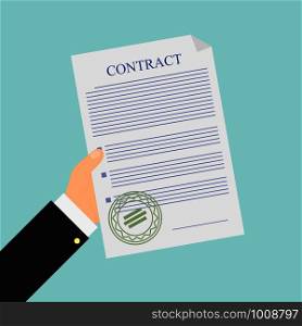 hand holds contract on blue background, vector illustration. hand holds contract on blue background, vector