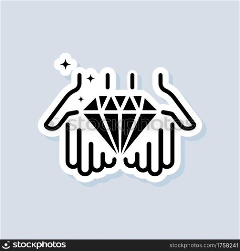 Hand holds diamond sticker. Value concept line icon. Diamond gem in hand icon, luxury crystal or brilliant, outline jewel. Vector on isolated white background. EPS 10.. Hand holds diamond sticker. Value concept line icon. Diamond gem in hand icon, luxury crystal or brilliant, outline jewel. Vector on isolated white background. EPS 10