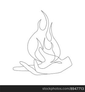 Hand holds fire flame one line art. Minimalistic art drawing. Isolated on white background. Vector illustration