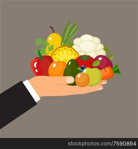 Hand holds fruits and vegetables. Vitamins Healthy eating. Vector illustration