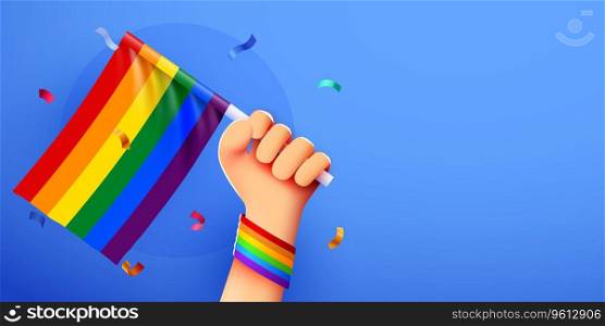Hand holds LGBT rainbow flag. Pride month banner. People’s rights movement, diversity concept. Vector illustration. Hand holds LGBT rainbow flag. Pride month banner. People’s rights movement, diversity concept.