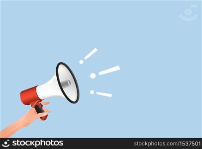 Hand holds loudspeaker with exclamation marks banner. Emergency warning loud template notification of emergency information on megaphone announcement discounts and sales promotion marketing vector.. Hand holds loudspeaker with exclamation marks banner. Emergency warning loud template notification of emergency information.