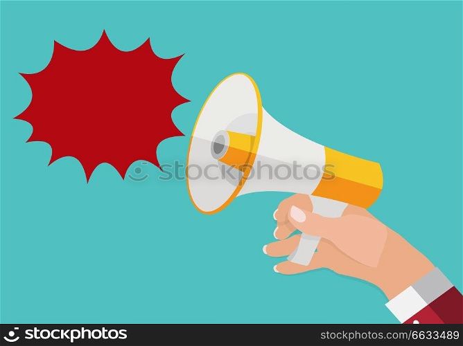 Hand holds Megaphone and outgoing Speech Bubble. Vector Illustration. EPS10. Hand holds Megaphone and outgoing Speech Bubble. Vector Illustration