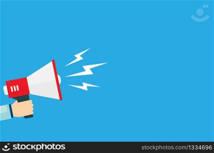 Hand holds megaphone with speech bubble on blue background. Vector illustration EPS 10