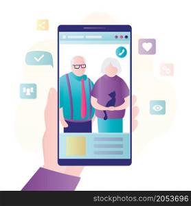 Hand holds mobile phone with video chat app on screen. Online video conference. Video conversation with parents or grandparents. Remote communication technology via internet. Flat vector illustration. Hand holds mobile phone with video chat app on screen, Online video conference. Video conversation with parents or grandparents