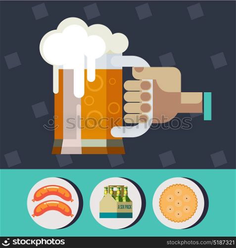 Hand holds mug of beer. The best beer. A colorful poster advertising beer. Vector icons. Sausages, packaging bottles of beer, cookies.