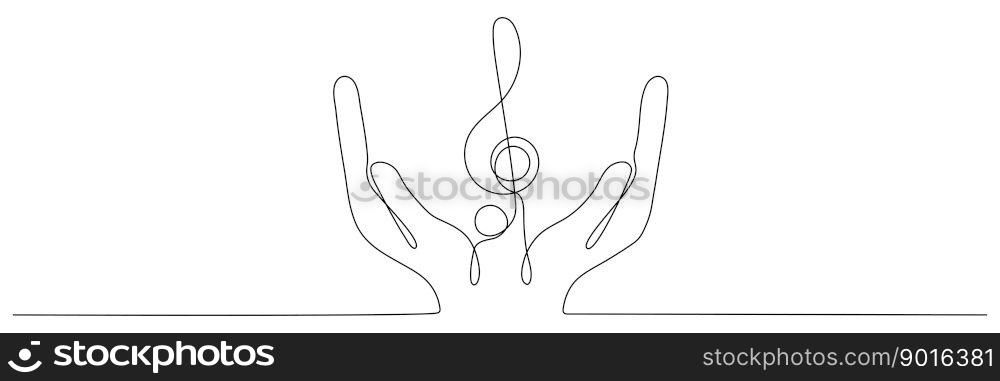 Hand holds music note continuous one line drawing. Treble clef linear element. Vector isolated on white.. Hand holds music note continuous one line drawing.