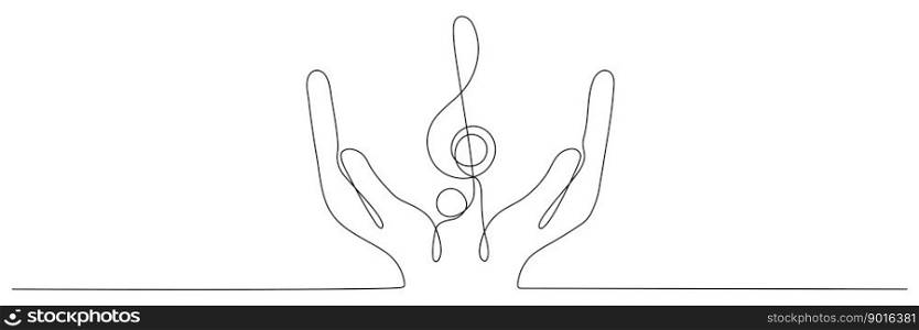 Hand holds music note continuous one line drawing. Treble clef linear element. Vector isolated on white.. Hand holds music note continuous one line drawing.