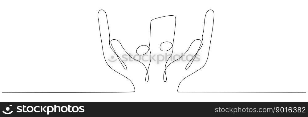 Hand holds music note continuous one line drawing. Vector isolated on white.. Hand holds music note continuous one line drawing.