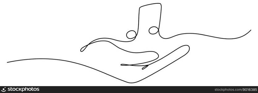 Hand holds music note continuous one line drawing. Vector isolated on white.. Hand holds music note continuous one line drawing.