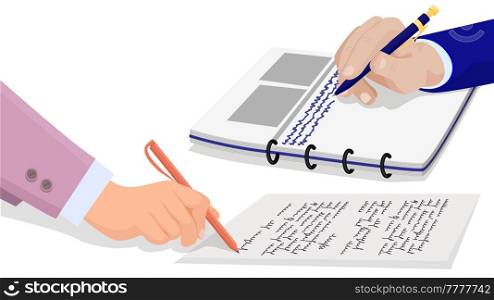 Hand holds pen and writes information in notebook. Hand of person in suit with buttons and shirt signs document, makes notes in paper. Business meeting on white background. Fingers are holding pen. Hand holds pen and writes information in notebook. Hand of person in suit makes notes in document