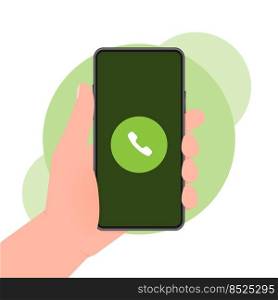 Hand holds phone with call Incoming on green screen on green background. Vector illustration. Hand holds phone with call Incoming on green screen on green background. Vector illustration.