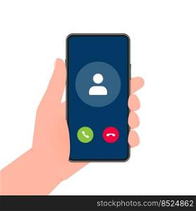 Hand holds phone with call Incoming video call on screen on white background. Vector illustration. Hand holds phone with call Incoming video call on screen on white background. Vector illustration.
