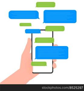 Hand holds phone with chat message on blue background. Vector illustration. Hand holds phone with chat message on blue background. Vector illustration.