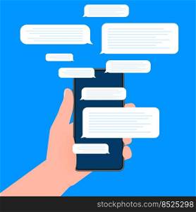 Hand holds phone with chat message on blue background. Vector illustration. Hand holds phone with chat message on blue background. Vector illustration.