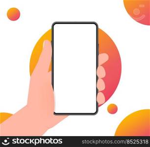 Hand holds phone with mock up screen. Phone on white background. Vector illustration. Hand holds phone with mock up screen. Phone on white background. Vector illustration.