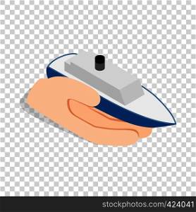 Hand holds ship isometric icon 3d on a transparent background vector illustration. Hand holds ship isometric icon