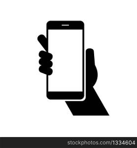 Hand holds smartphone sign symbol isolated on white background. Vector EPS 10