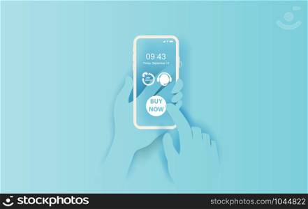 Hand holds smartphone with buy now application.Delivery service concept.Creative minimal paper cut and craft style.App screen online transport idea background.Mobile ship network Vector illustration.