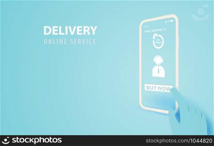 Hand holds smartphone with buy now application.Delivery service concept.Creative paper cut and craft.App screen online transport Text frame idea background.Mobile ship network Vector illustration.