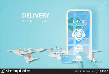 Hand holds smartphone with buy now application.Delivery service location map concept.Creative world network online paper cut and craft.App screen online transport background.Vector illustration EPS10