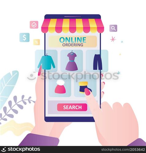 Hand holds smartphone with clothing store on screen. Woman chooses clothes in online mass market. Different range of clothing in trendy shop. Concept of e-commerce and shopping. Vector illustration. Hand holds smartphone with clothing store on screen. Woman chooses clothes in online mass market