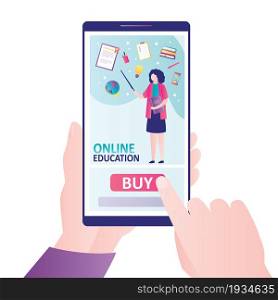 Hand holds smartphone with online course on screen. Buying subscription to online training or taking training courses. Concept of new learning technology. Study with mobile phone. Vector illustration. Hand holds smartphone with online course on screen. Buying subscription to online training or taking training courses.