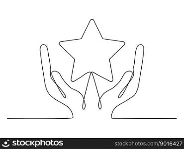 Hand holds star continuous line drawing. Human arms palms. Vector illustration isolated on white.. Hand holds star continuous line drawing.