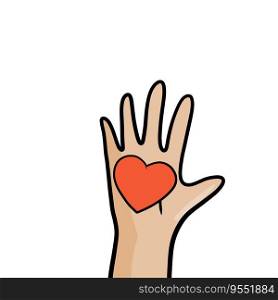 Hand holds the heart. Romantic symbol and donat. Symbol of love and charity. Outline cartoon. Hand holds the heart. Romantic symbol