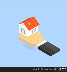 Hand holds the house.. Hand holds the house. Isometric vector illustration.