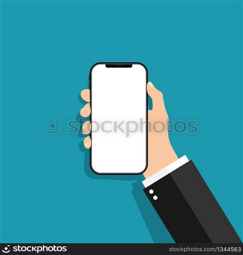 Hand holds the phone in a flat style. Mobile phone with touch blank screen. Template of smartphone for mobile app. Design of cellphone with digital display. Black phone with white touchscreen. Vector. Hand holds the phone in a flat style. Mobile phone with touch blank screen. Template of smartphone for mobile app. Design of cellphone with digital display. Black phone with white touchscreen. Vector.