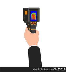 Hand holds Thermal scaner camera infrared. Portable Visualize temperature differences thermometer, thermographic for the environment and people. Hand holds Thermal scaner camera infrared. Portable Visualize temperature differences thermometer, thermographic for the environment and people. Vector illustration isolated