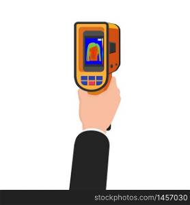 Hand holds Thermal scaner camera infrared. Portable Visualize temperature differences thermometer, thermographic for the environment and people. Hand holds Thermal scaner camera infrared. Portable Visualize temperature differences thermometer, thermographic for the environment and people. Vector illustration isolated